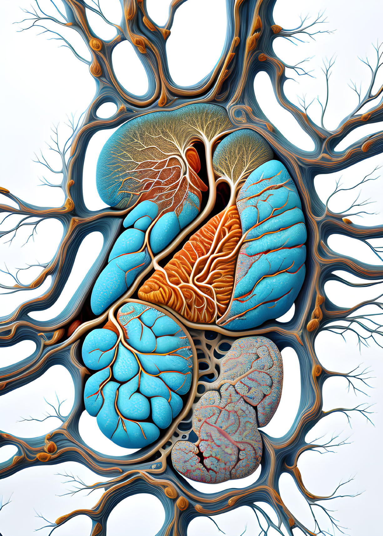 Detailed Human Organs Illustration with Tree-Like Vascular System