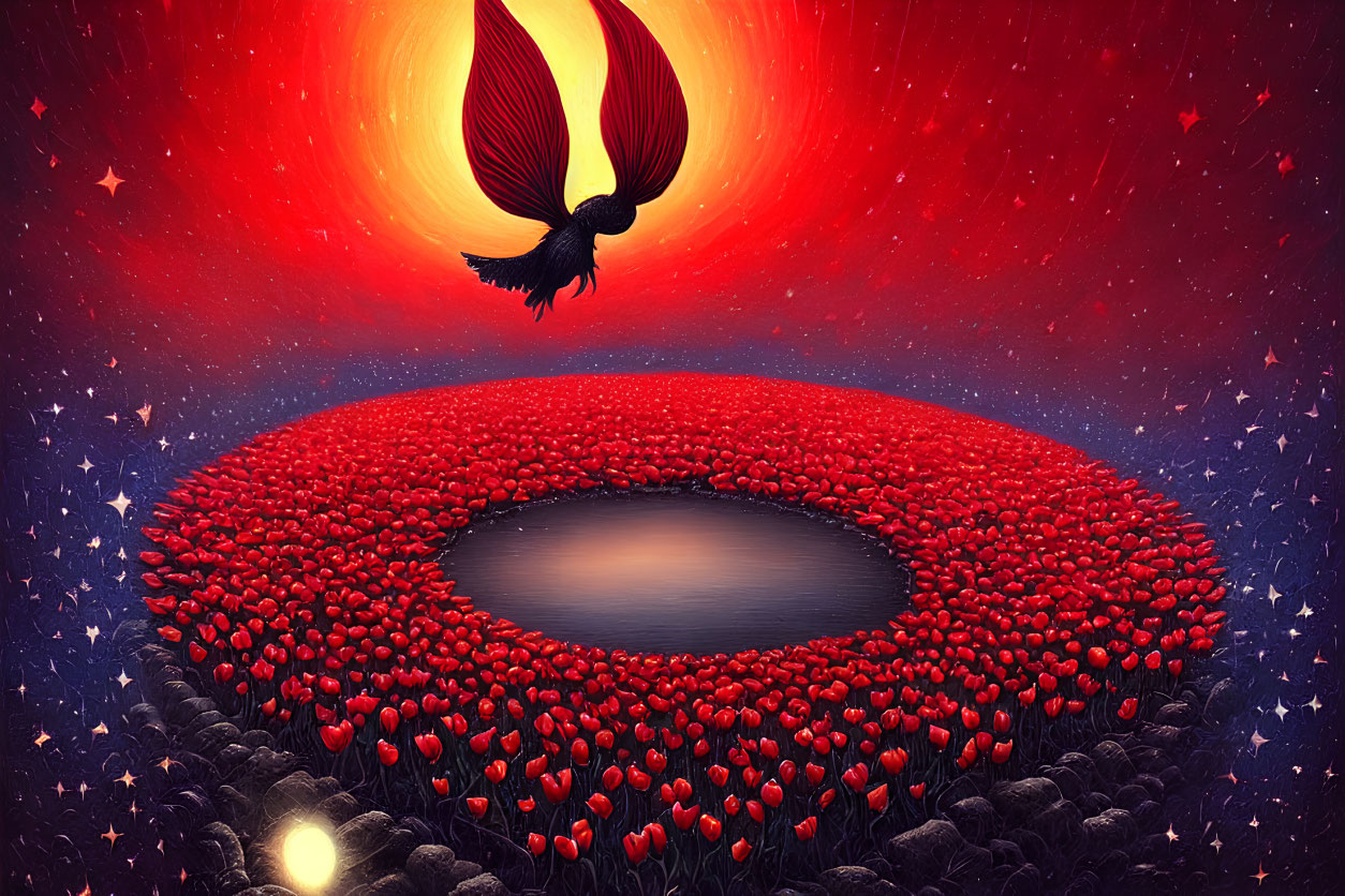 Majestic bird soaring over vast crater with red flowers under starlit sky