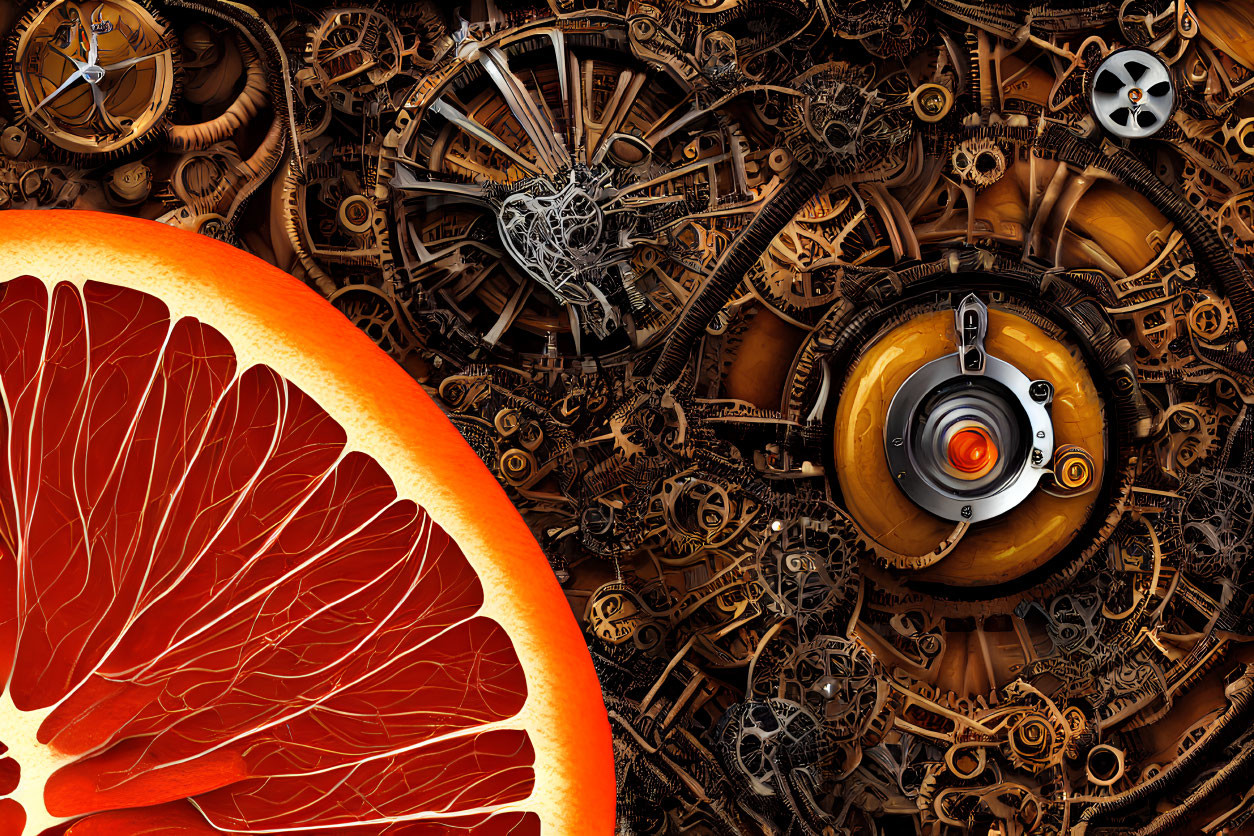 Mechanical gears and butterfly wing in vibrant colors.