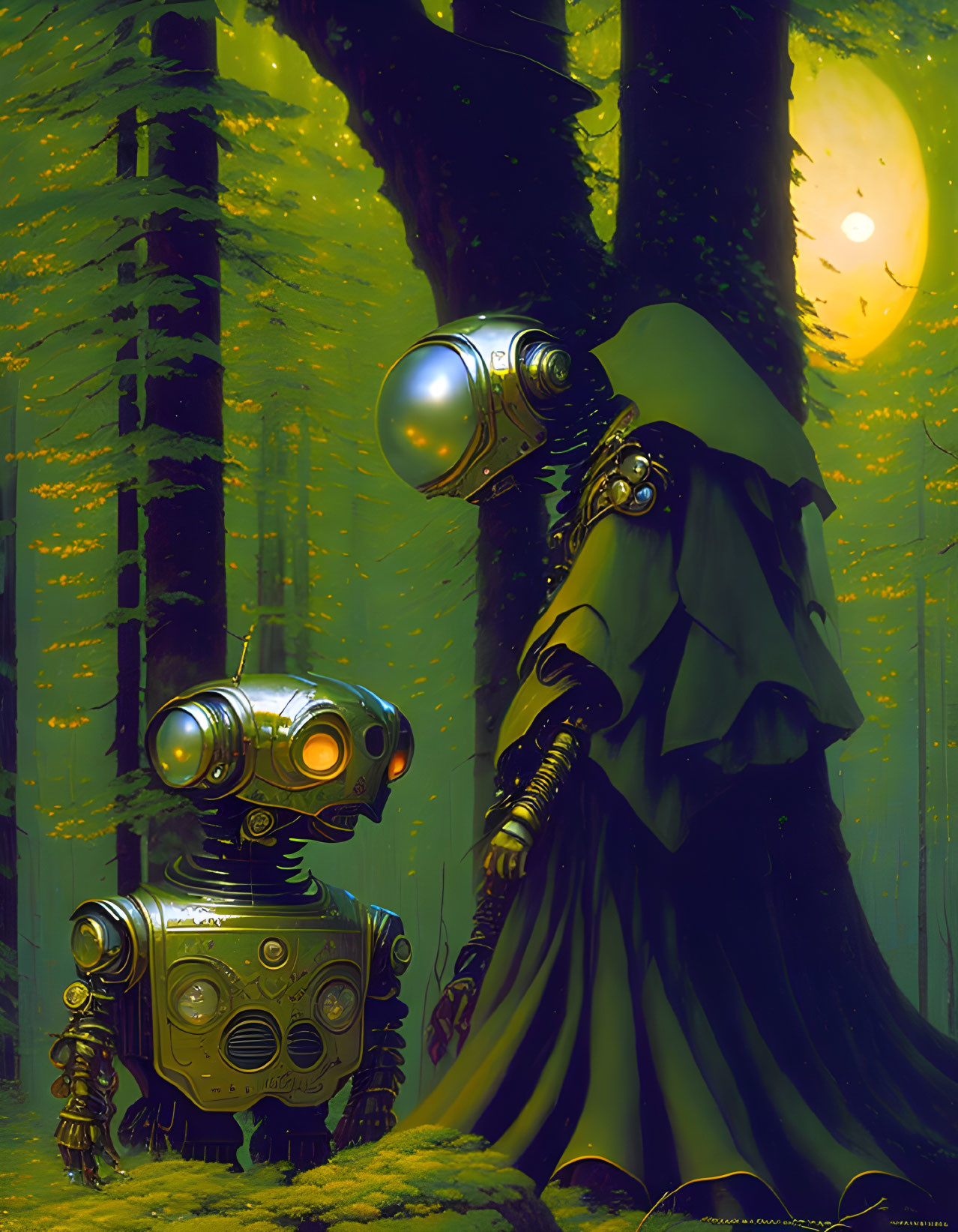 Humanoid robots in mystical forest under yellow light