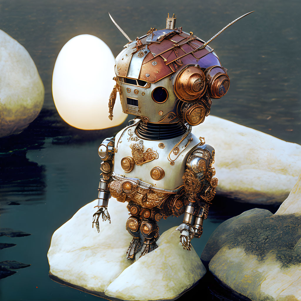 Steampunk-style robot with brass gears by water with glowing orb