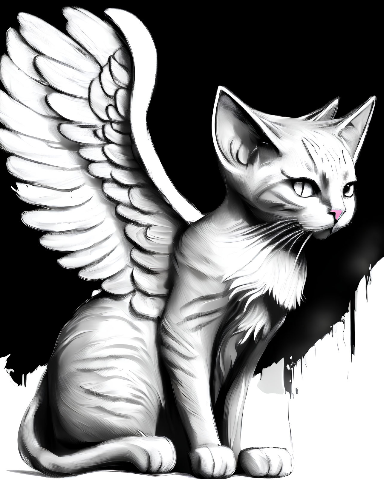 Detailed monochrome cat illustration with wings on white background.