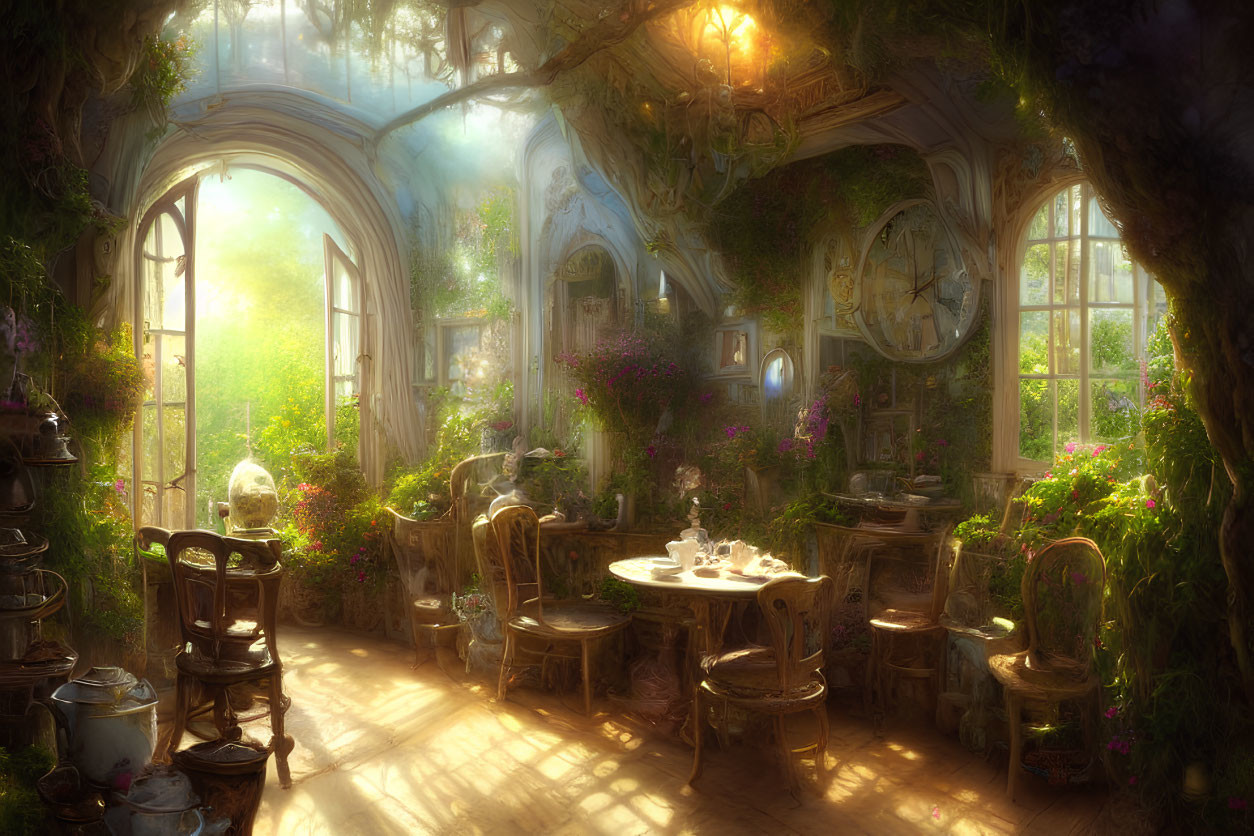 Sunlit fantasy room with greenery, elegant furniture, grand clock, warm ambiance