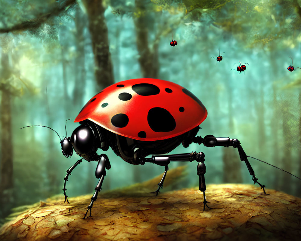 Detailed digital illustration of oversized ladybug on earthy mound in forest setting