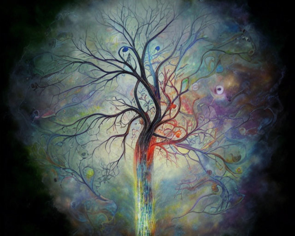 Colorful Tree with Intertwining Branches on Cosmic Background