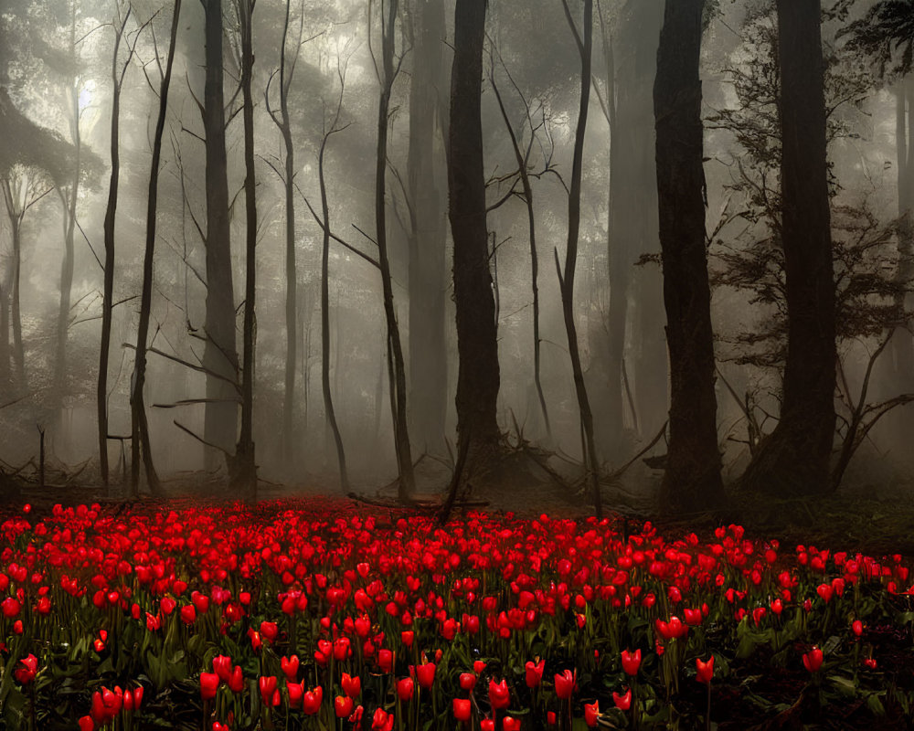 Misty forest with towering trees and red tulips under soft light