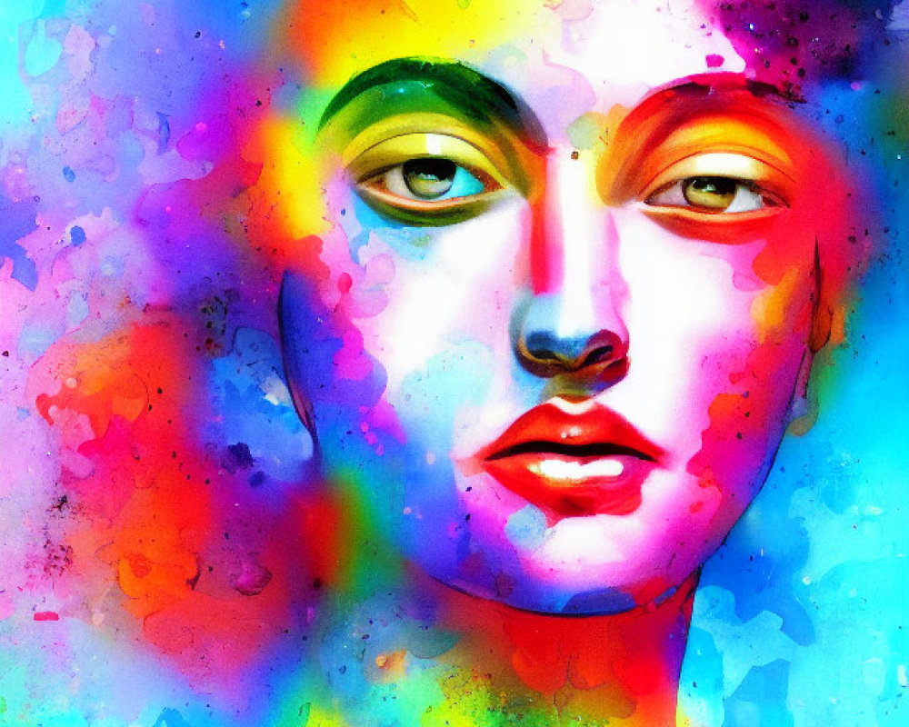 Colorful Watercolor Painting of Serene Face in Abstract Surroundings