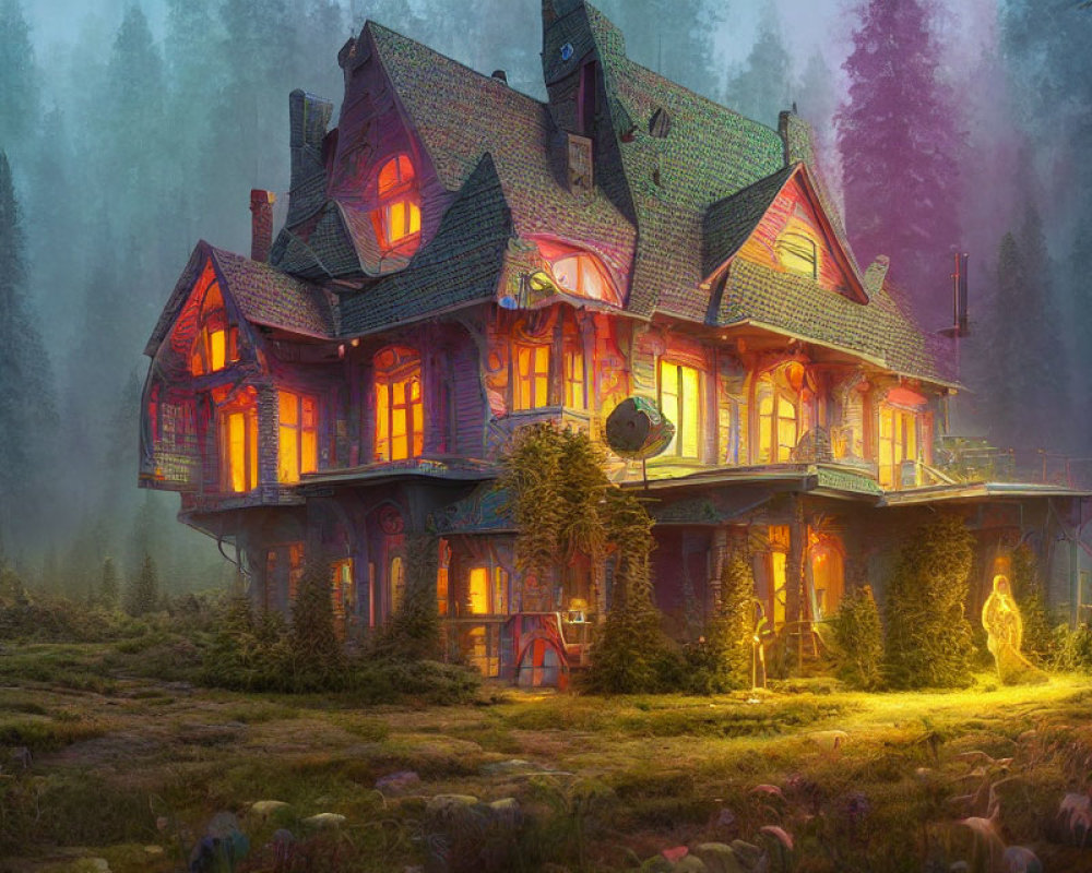 Enchanting forest house with glowing windows at twilight