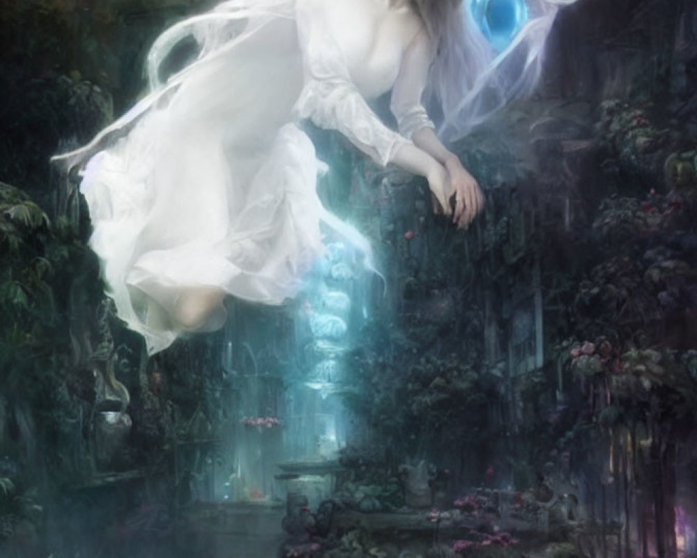 Mystical woman in white dress above overgrown city with blue orb