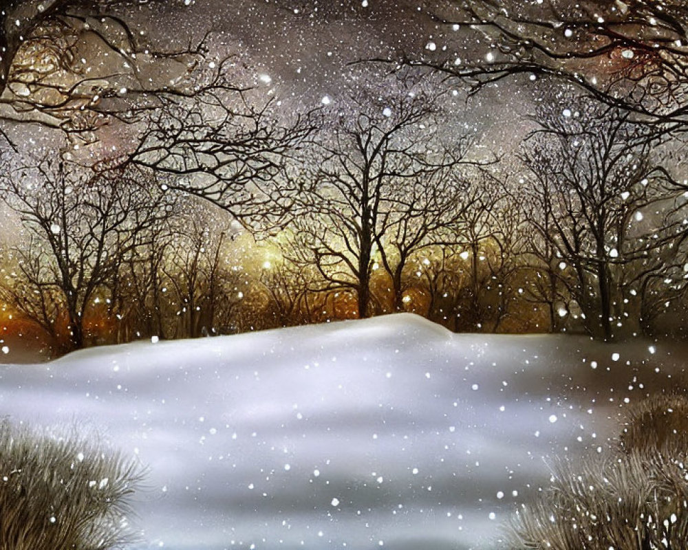 Tranquil Winter Dusk Scene with Falling Snowflakes