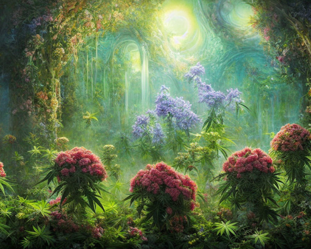 Lush Forest with Sunlight and Colorful Flowers