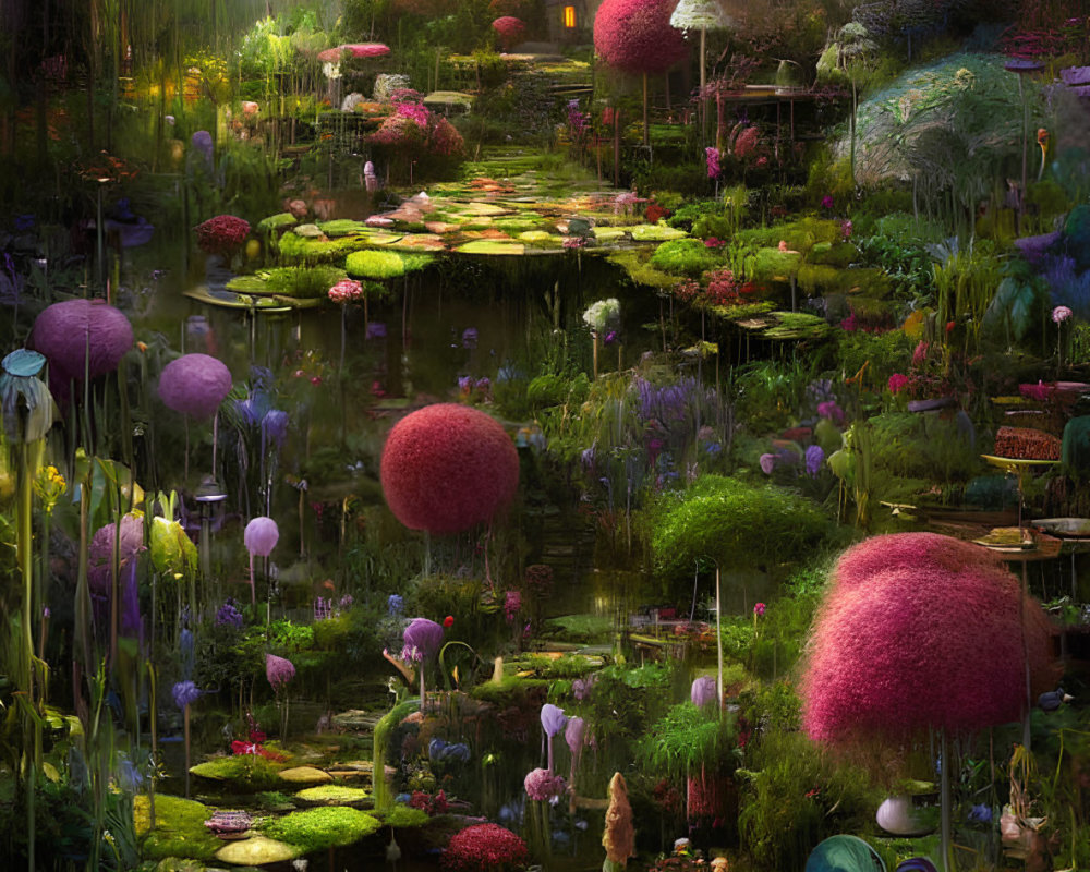 Whimsical garden with pond, cottage, mushrooms, and lights