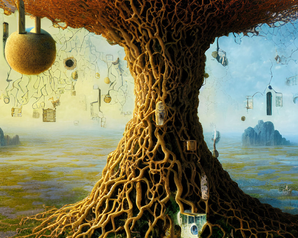 Detailed surreal painting of massive tree with floating spheres, keys, and frames