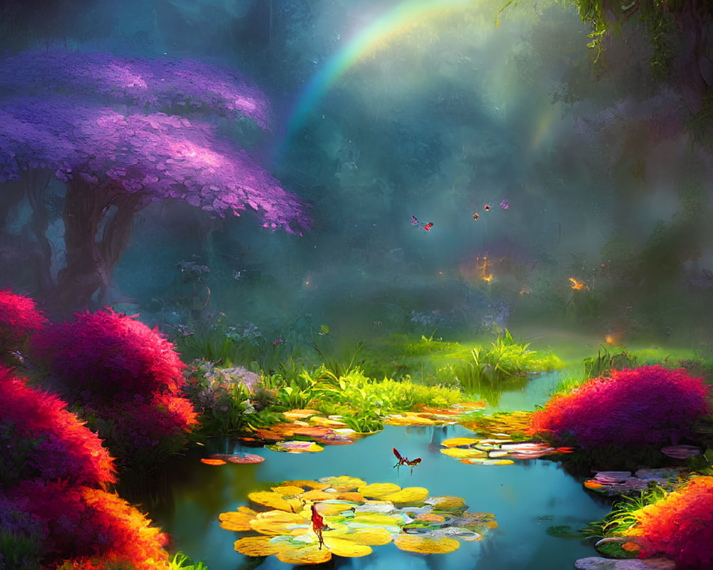 Mystical forest scene with rainbow, glowing flora, pond, and butterflies