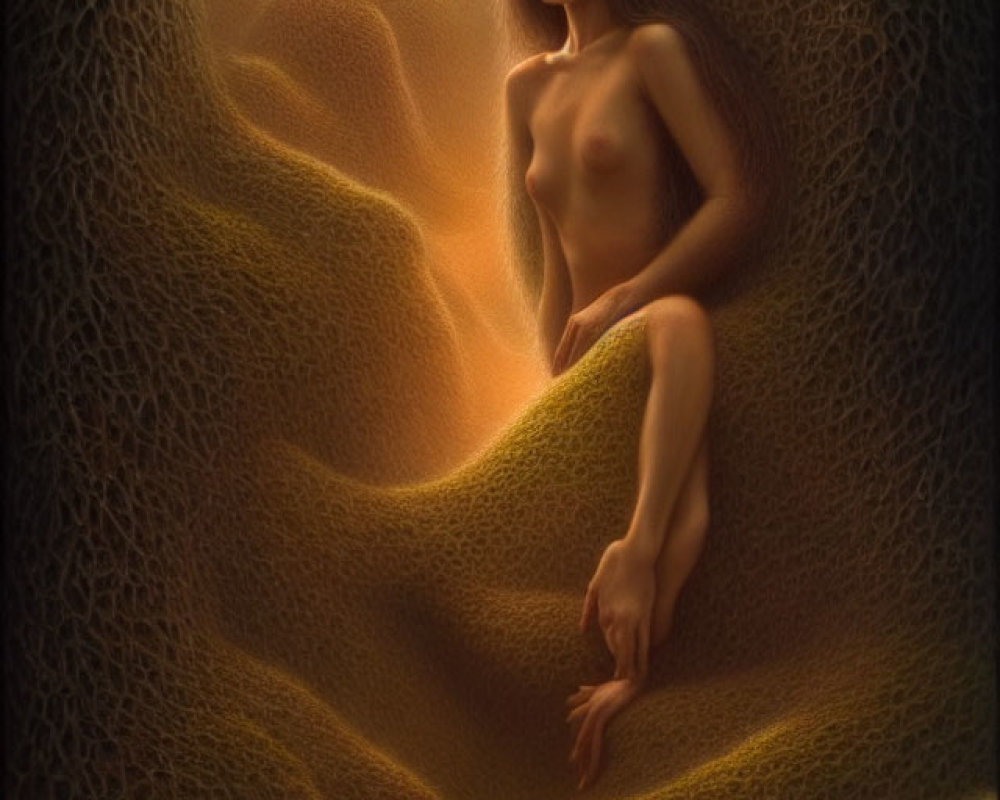 Surreal nude woman on textured landscape in warm light