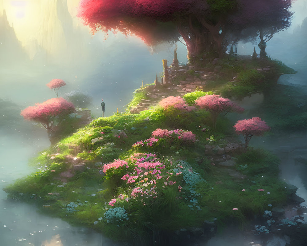 Serene fantasy landscape with misty atmosphere and vibrant pink flowering trees