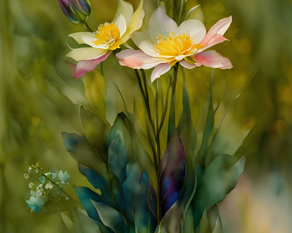 Delicate pink and white flowers with yellow centers in soft-focus green setting