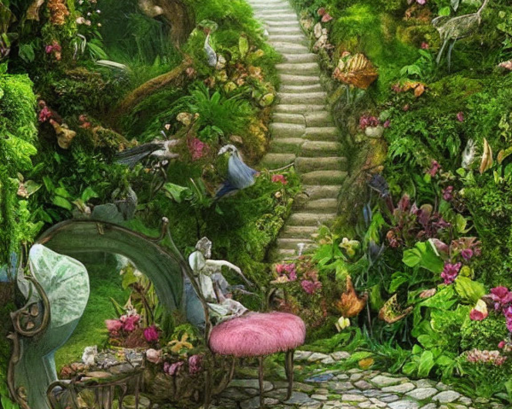 Whimsical garden path with cobblestones, vibrant plants, pink bench, and inviting stairway