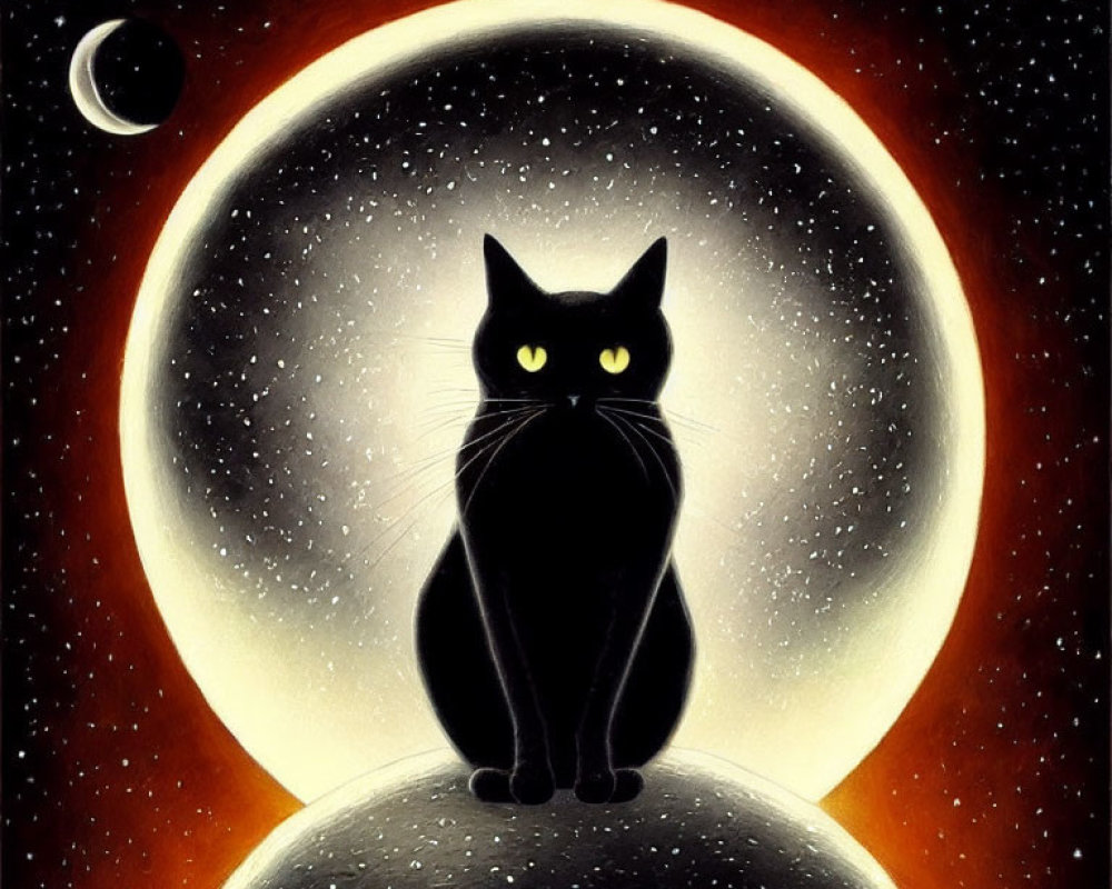 Black Cat with Luminous Yellow Eyes Silhouetted Against Full Moon