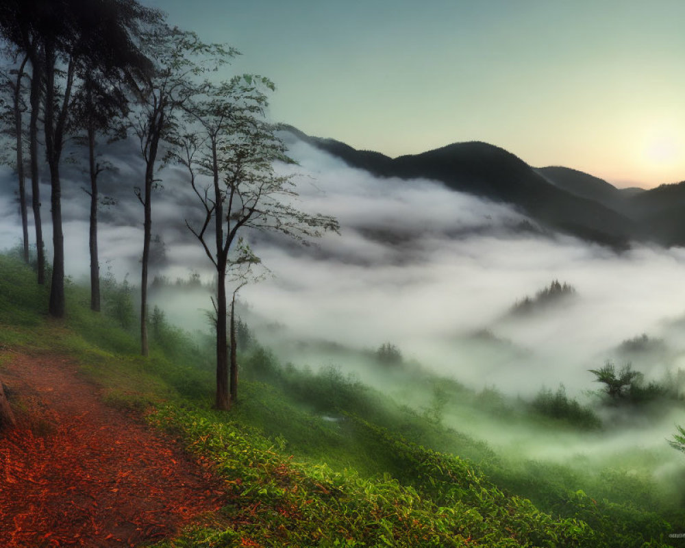 Foggy landscape with rolling hills, sun rays, green foliage, and red leaf path