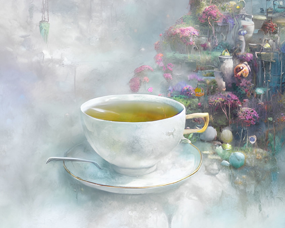 Whimsical steaming teacup with floating gardens and lamps