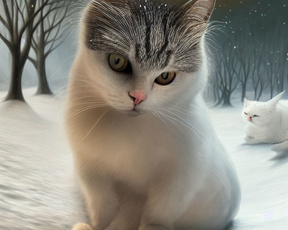 White Cat with Black Markings in Snowy Night Scene