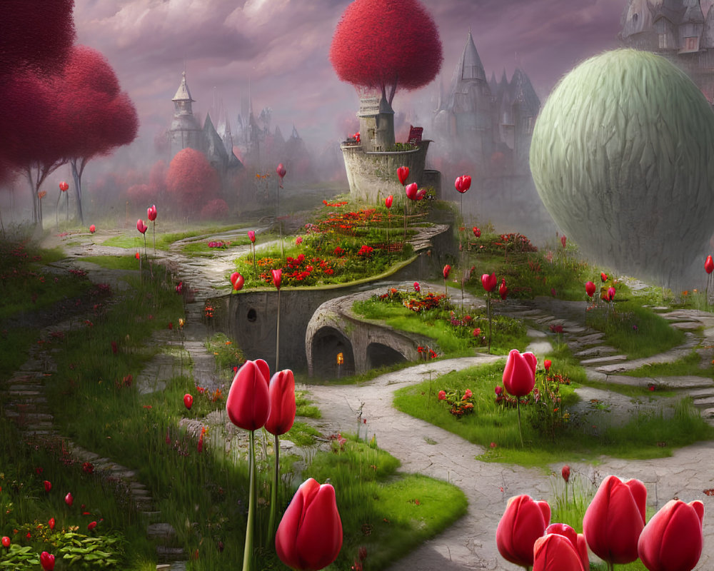 Vibrant red tulips, mushroom-shaped trees, stone bridge, and castle in fantasy landscape