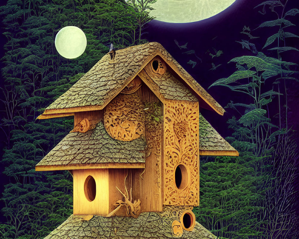 Wooden birdhouse on gnarled roots under full moon in forest night scene