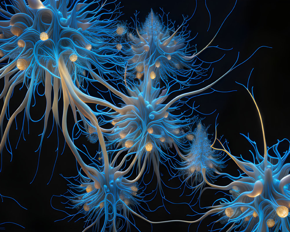 Abstract digital artwork of glowing blue and white neuron-like structures on a dark background