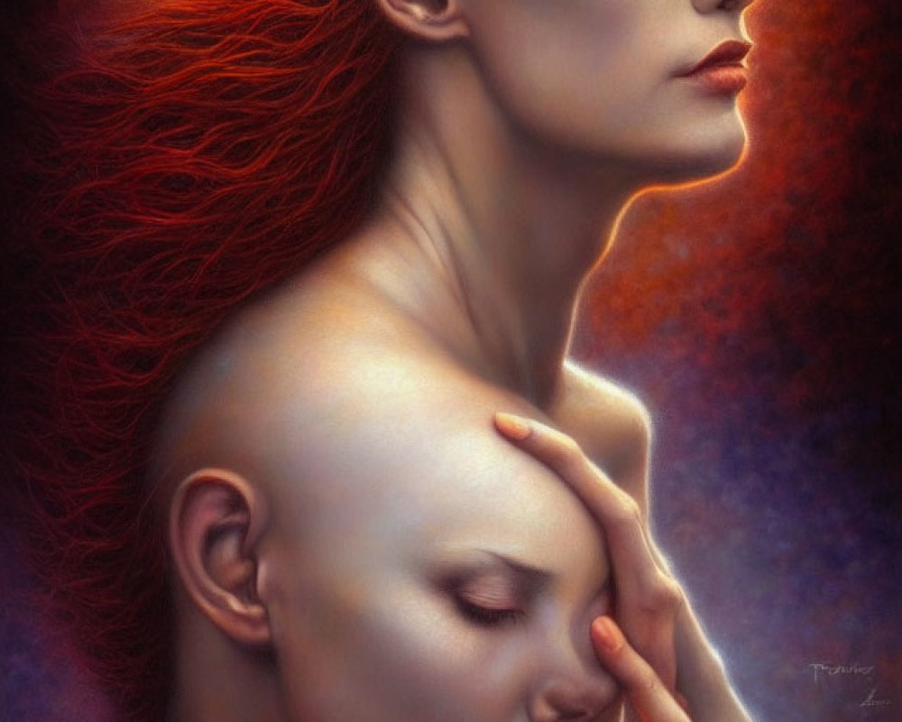 Vibrant red hair portrait of two individuals against warm background