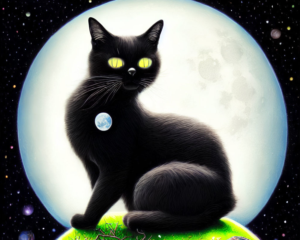 Black Cat with Glowing Yellow Eyes on Green Globe under Starry Night Sky