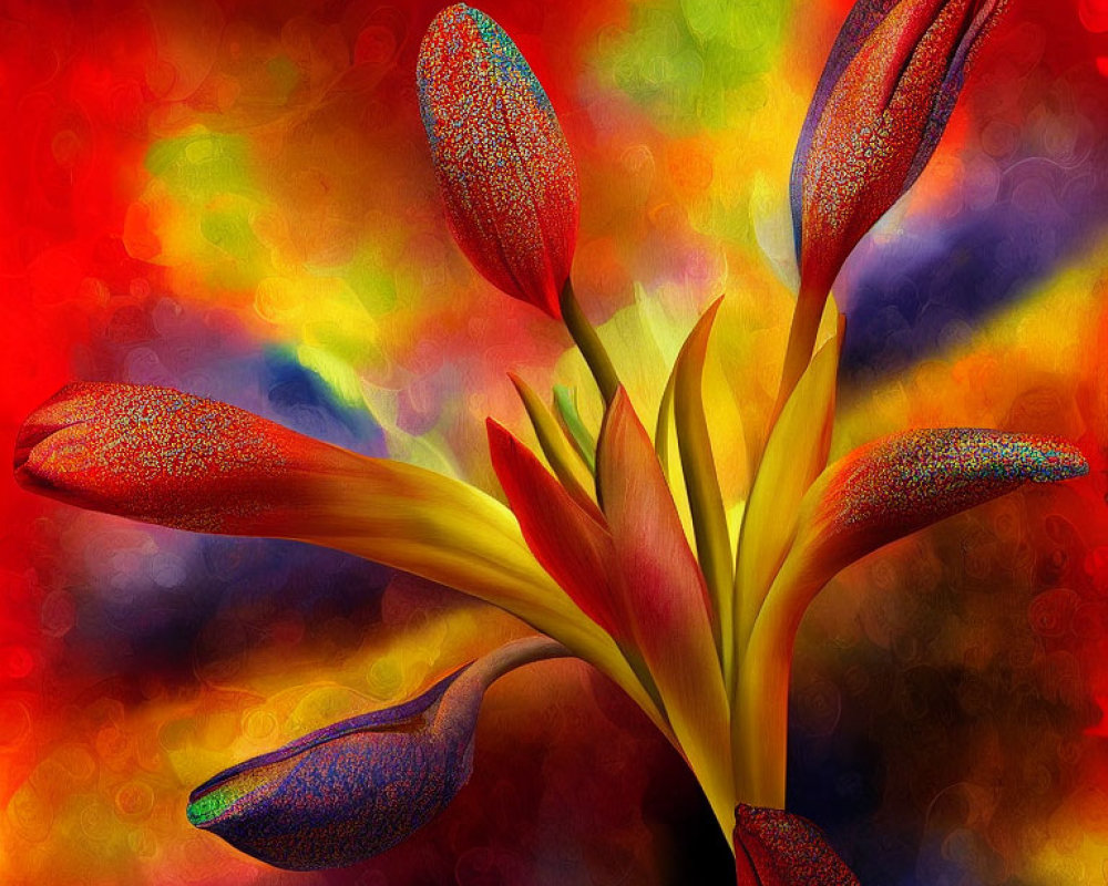 Colorful digital art: red and blue flower with textured petals on bokeh background