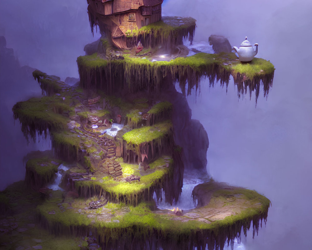 Floating Island with Cottage, Waterfalls, and Misty Landscape