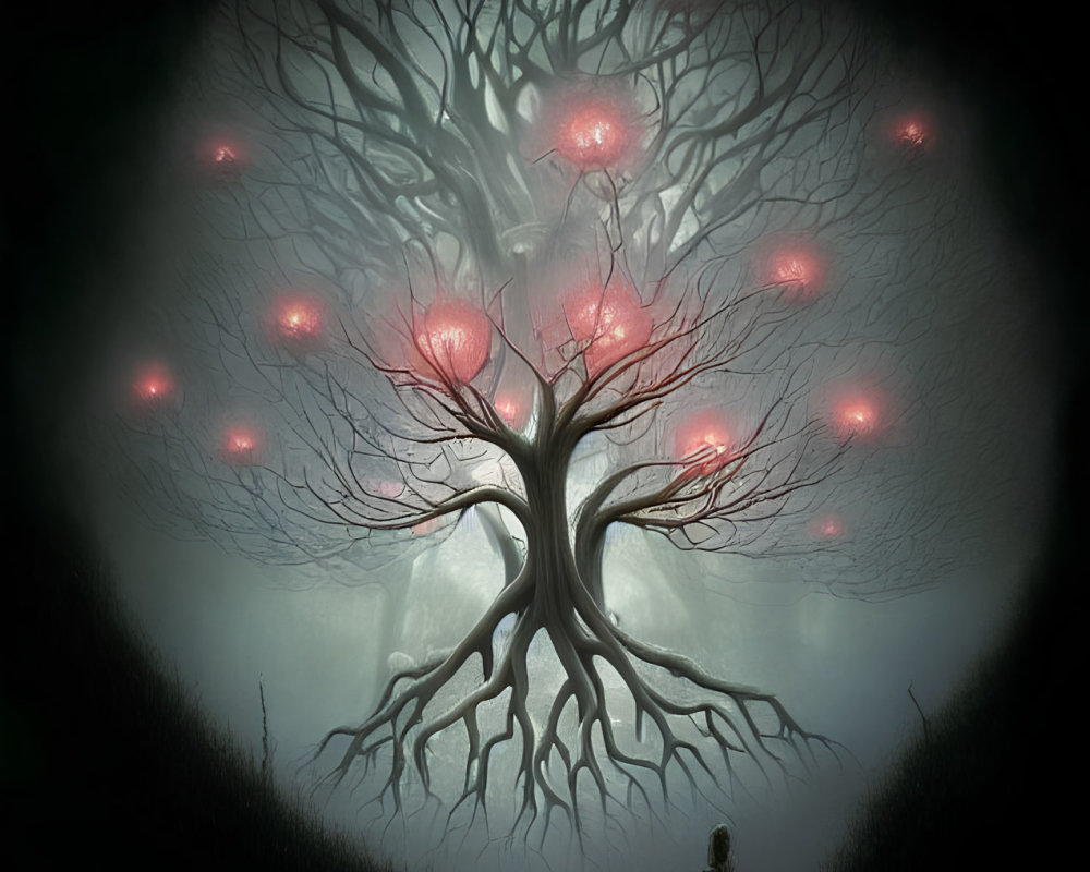 Silhouette of person before mystical tree with glowing red orbs