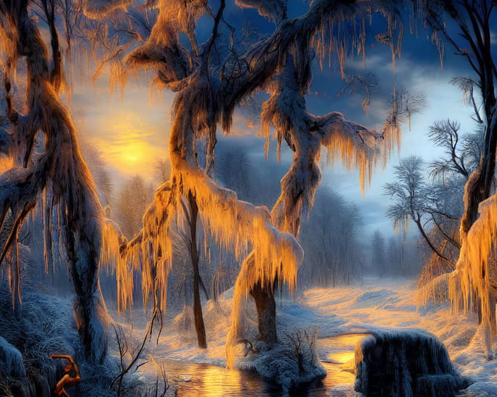 Snow-covered trees, icicles, and glowing sun in serene winter scene