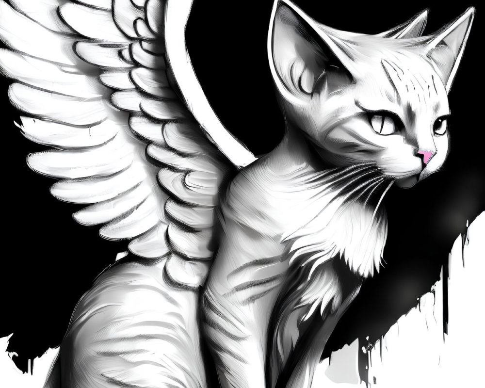 Detailed monochrome cat illustration with wings on white background.