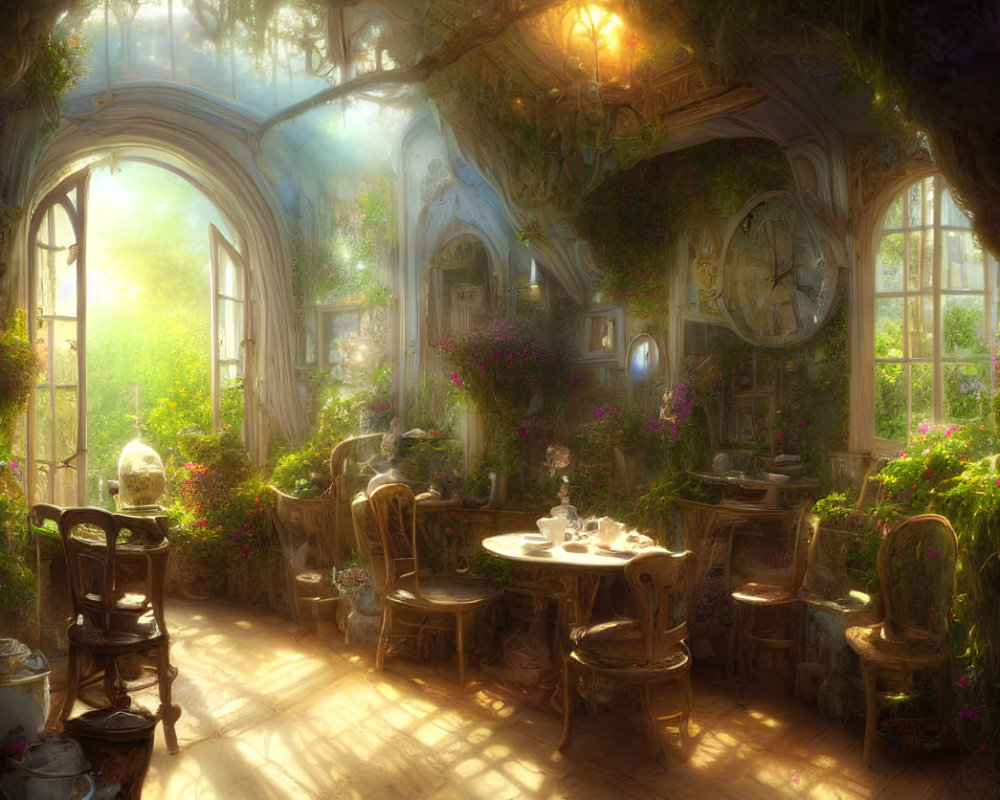Sunlit fantasy room with greenery, elegant furniture, grand clock, warm ambiance