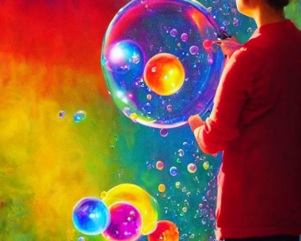 Colorful Field Scene: Person admiring iridescent soap bubbles
