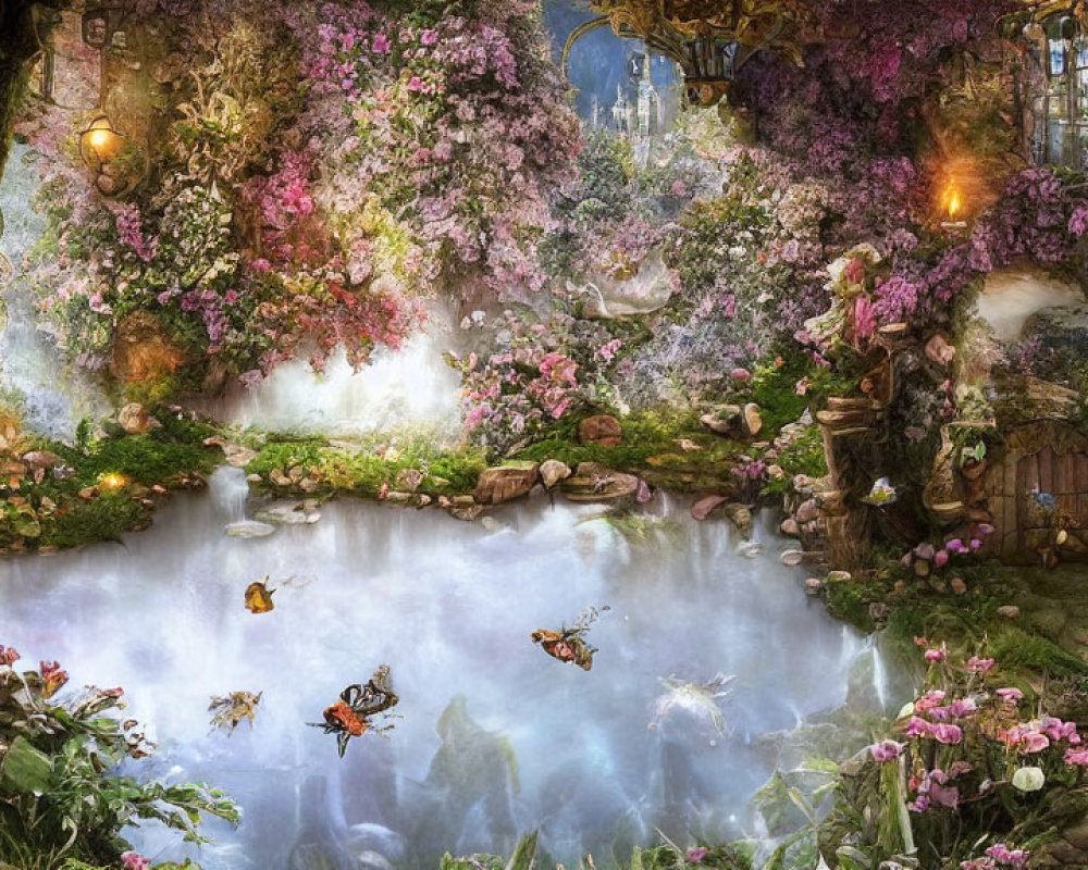 Lush Enchanted Forest Scene with River, Flowers, Butterflies, and Wooden Door