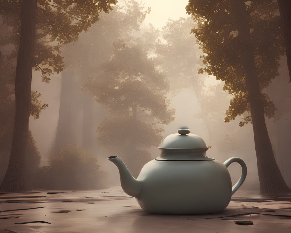 Teal Teapot on Forest Floor Surrounded by Tall Trees