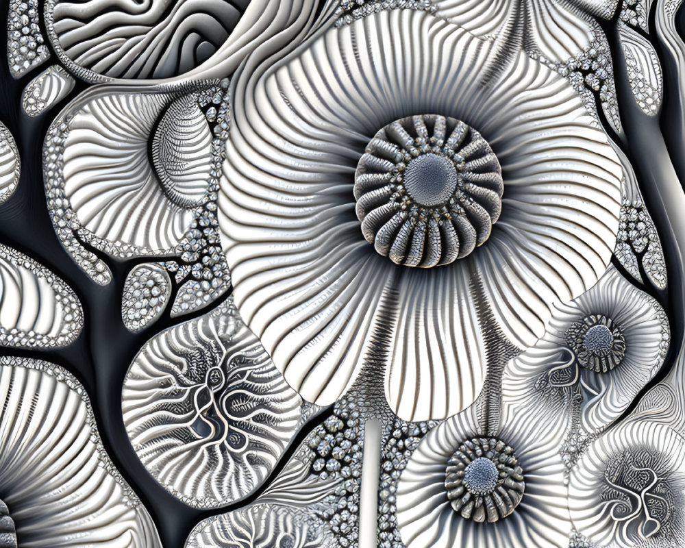 Monochromatic fractal patterns resembling flowers with intricate details