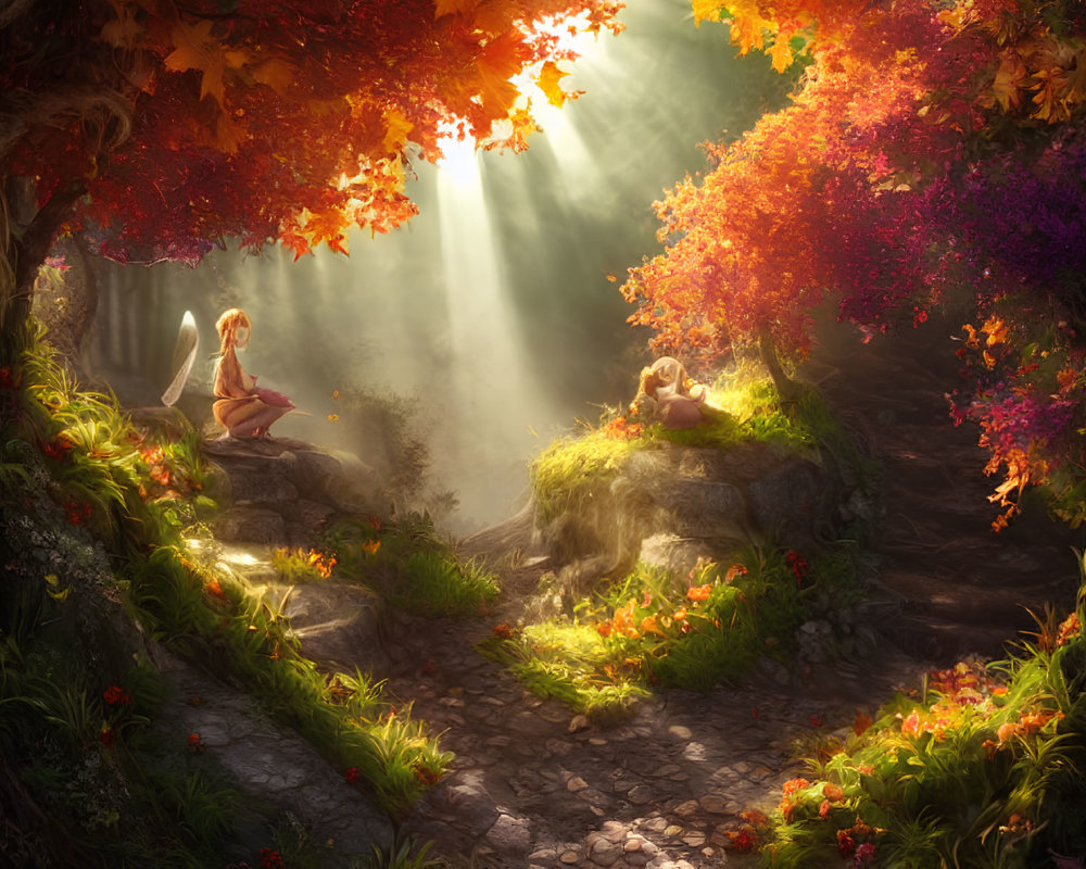 Forest Scene: Fairies in Sunlit Autumn Foliage