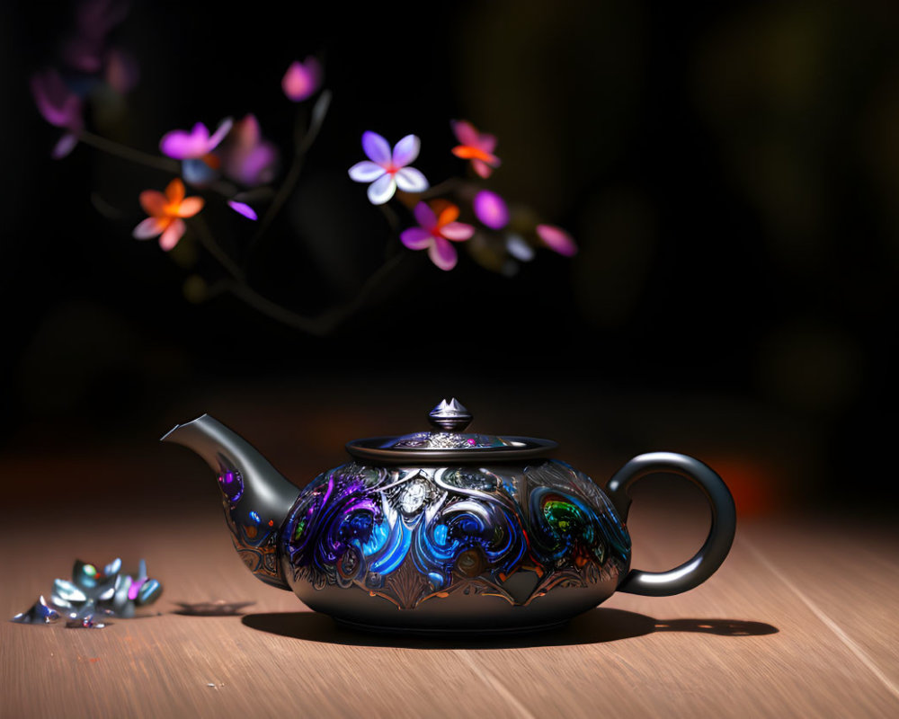 Intricate Blue Patterned Teapot on Wooden Surface