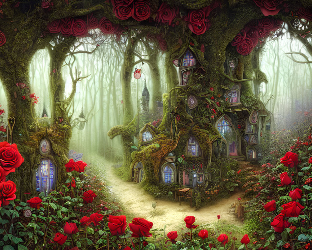 Whimsical treehouse in enchanted forest with roses and twisted trees