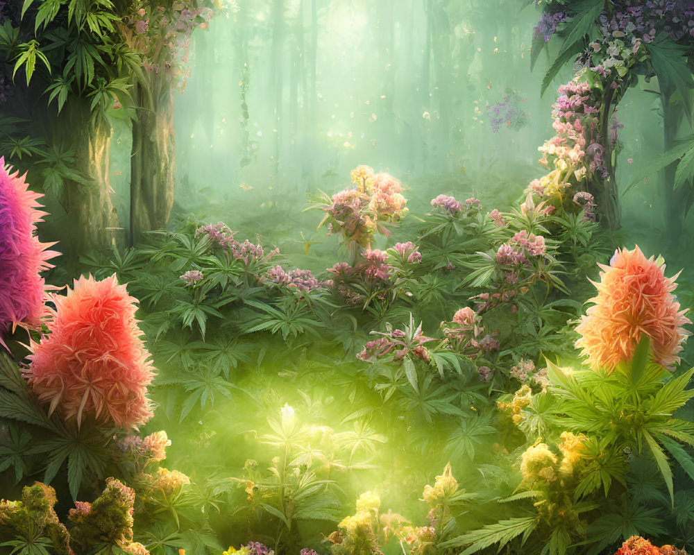 Misty enchanted forest with colorful flowers and lush greenery