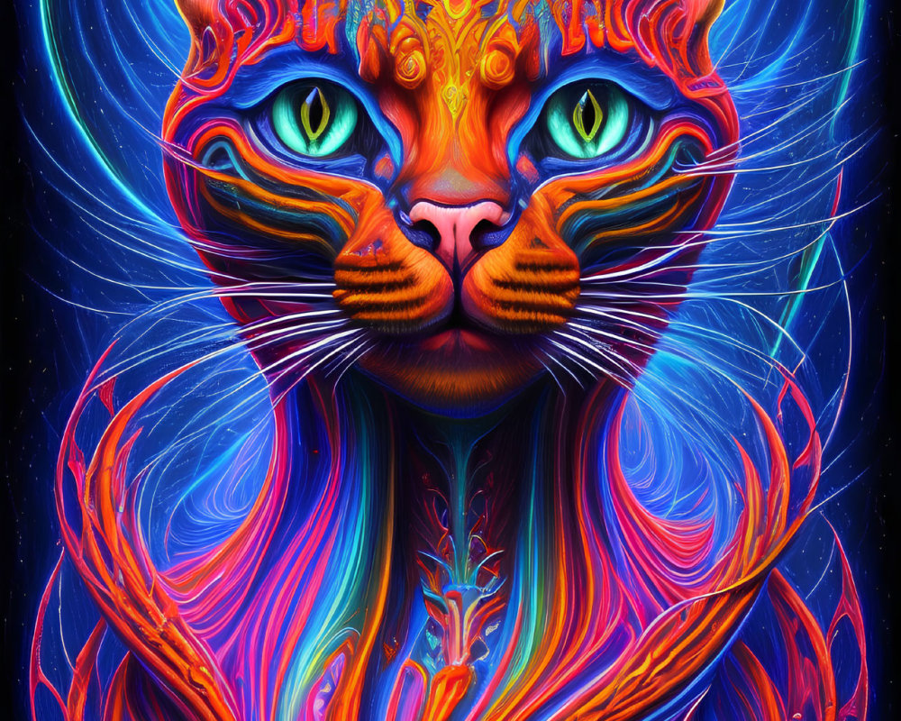 Symmetrical multicolored cat in cosmic digital art