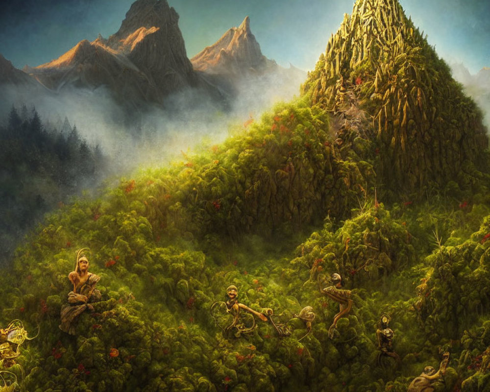 Mystical forest with pyramid-shaped hill and climbers in misty mountains