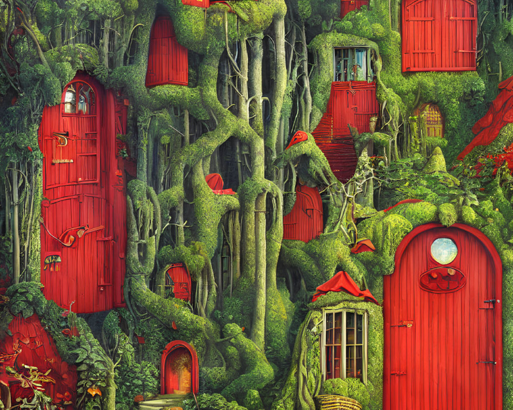 Detailed illustration of magical tree with lush greenery and red doors