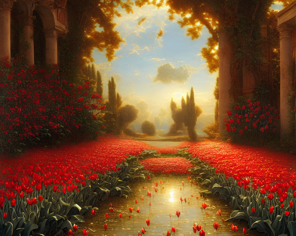 Vibrant red tulips in lush garden with sunlit archway