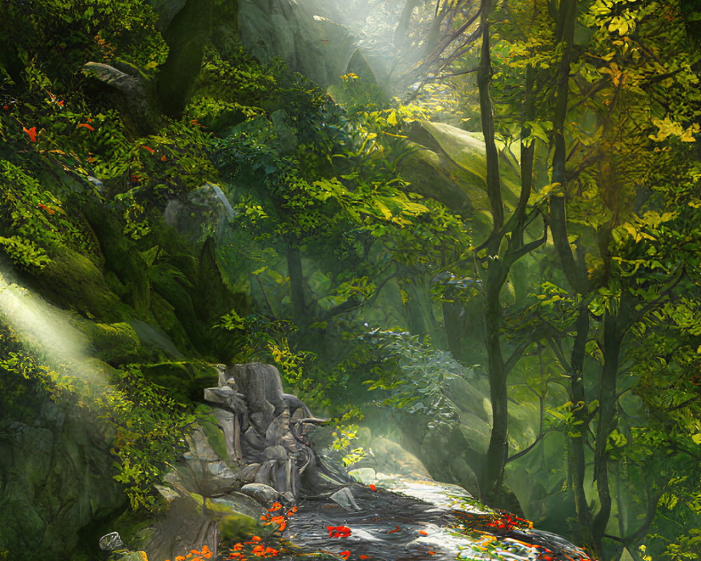 Forest canopy sunlight on stone path with orange and red flowers